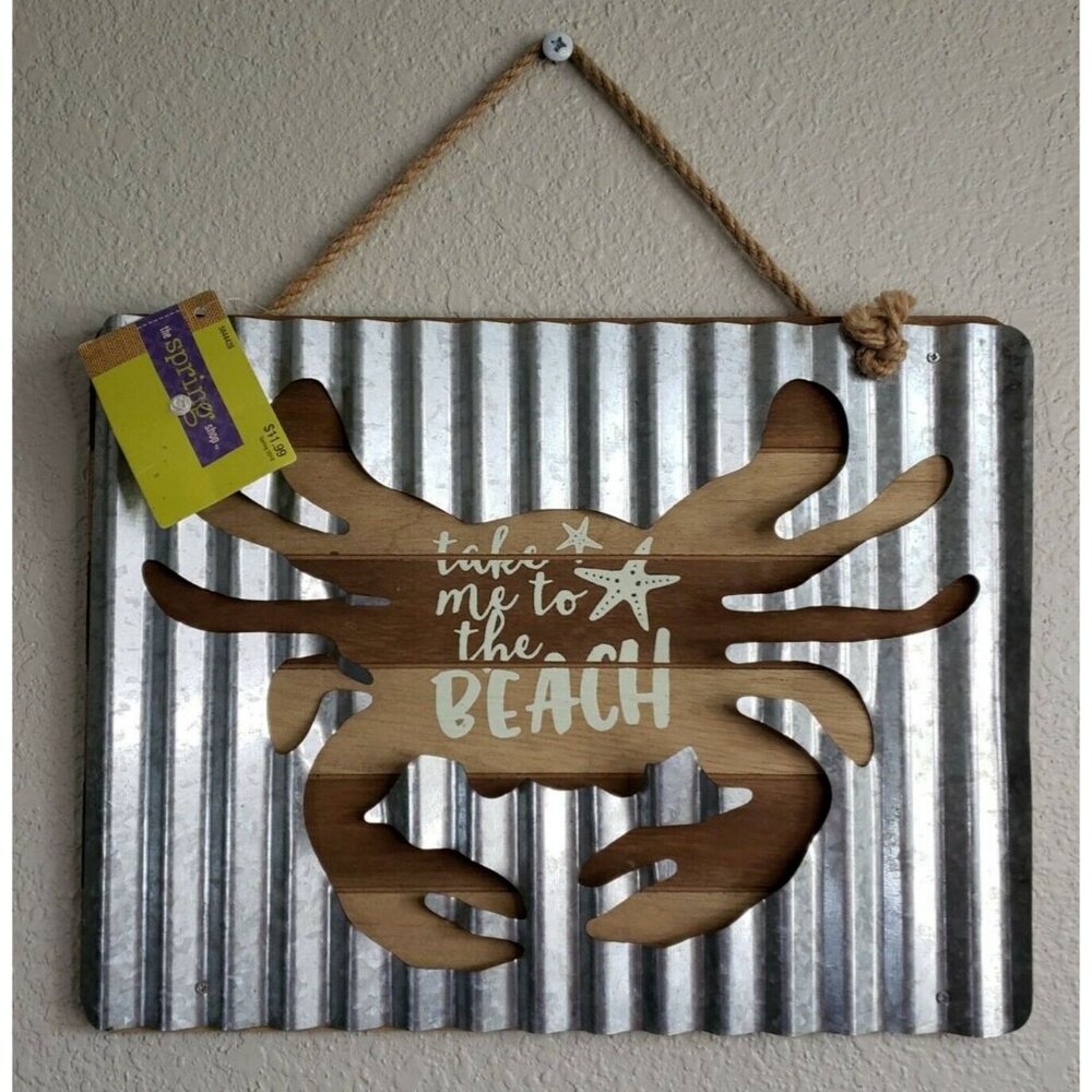 Take Me To The Beach Crab Metal Wood Hanging Sign Ocean Sea